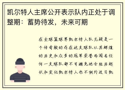 凯尔特人主席公开表示队内正处于调整期：蓄势待发，未来可期